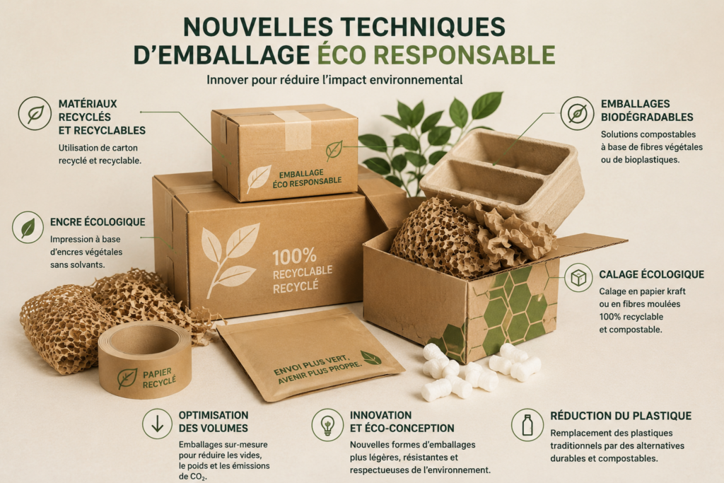 Infographie présentant les nouvelles techniques d’emballage éco-responsable : cartons recyclés, emballages biodégradables, calage écologique, encres végétales et optimisation des volumes pour réduire l’impact environnemental de la logistique.