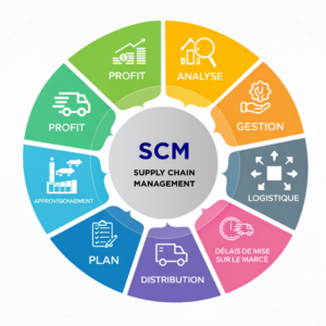 Schéma circulaire du Supply Chain Management illustrant les étapes clés : planification, approvisionnement, logistique, distribution, analyse et gestion.