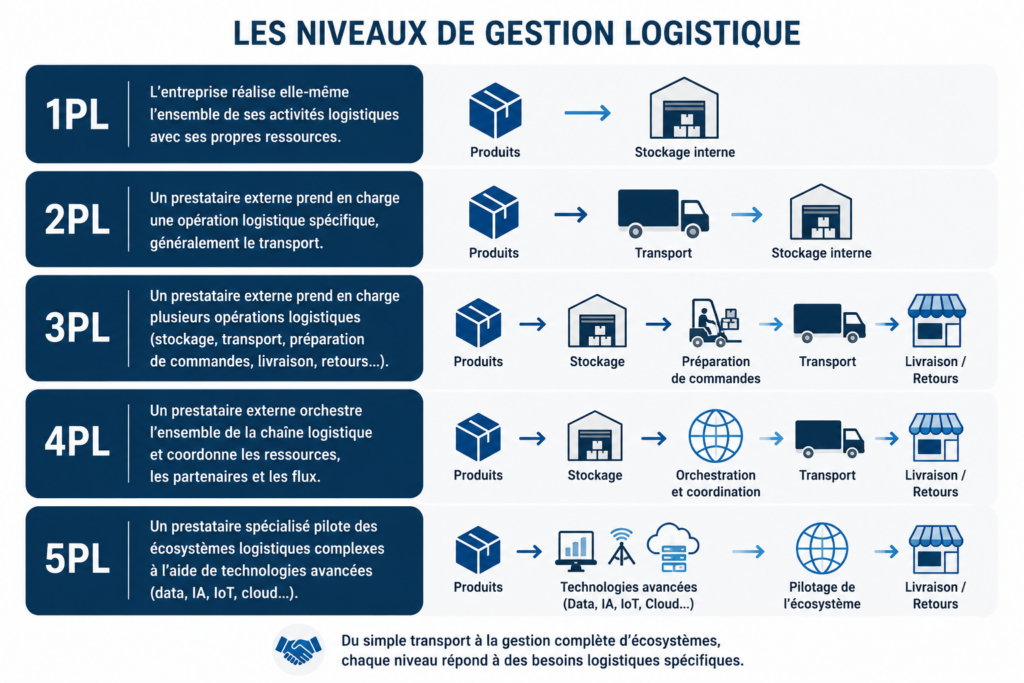 Infographie présentant les niveaux de gestion logistique 1PL, 2PL, 3PL, 4PL et 5PL, de la gestion interne à l’orchestration complète de la supply chain.