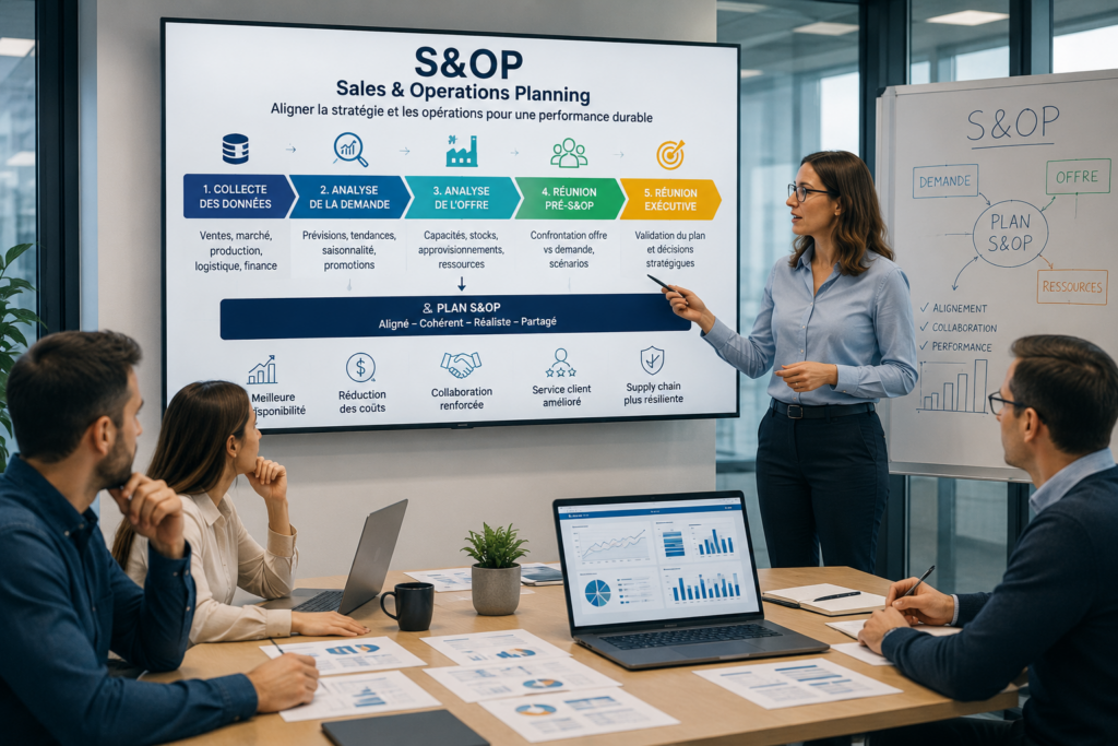 Illustration d'une réunion Sales and Operations Planning (S&OP) présentant les étapes du processus de planification des ventes et des opérations pour coordonner la demande, l'offre, la production et la supply chain.