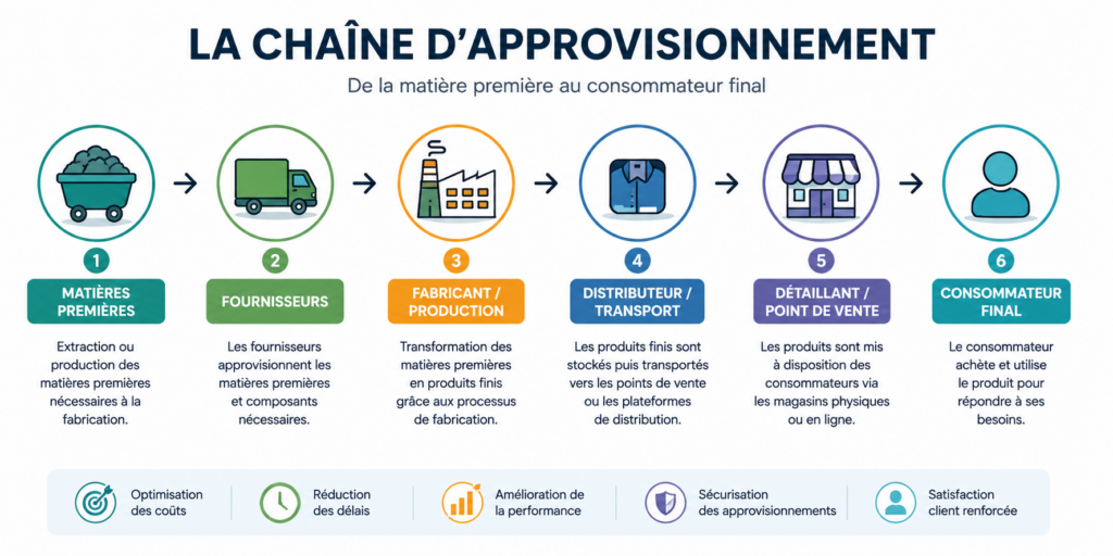 Infographie illustrant les six étapes de la chaîne d'approvisionnement, des matières premières au consommateur final, avec les fournisseurs, la production, le transport et la distribution.