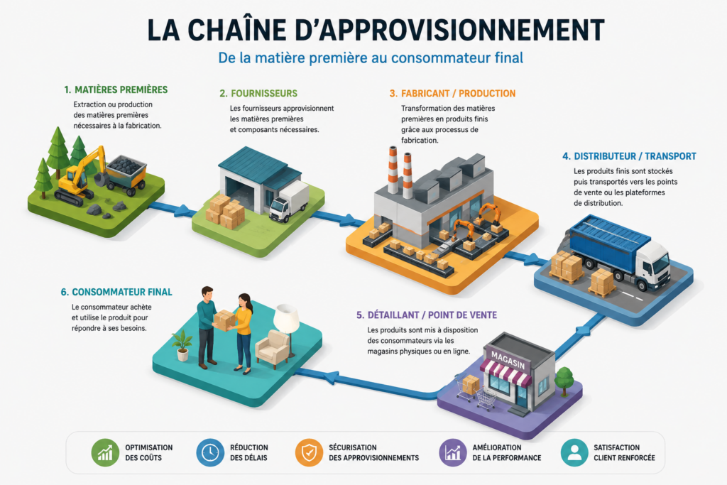 Infographie isométrique illustrant les six étapes du Supply Chain Management, des matières premières au consommateur final, en passant par les fournisseurs, la production, le transport et la distribution.