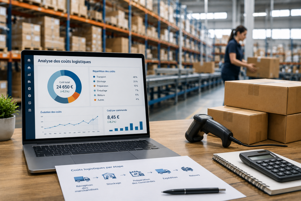 Tableau de bord d’analyse des coûts logistiques affiché sur un ordinateur portable dans un entrepôt e-commerce avec colis et matériel de préparation de commandes.