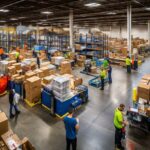 Logistique 3PL : l’importance de bien choisir le prestataire Vue d’ensemble d’un entrepôt logistique avec opérateurs préparant des commandes, gestion des stocks et expédition de marchandises.