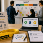 Formation Yellow Belt Lean Six Sigma avec équipe en atelier de management visuel, méthode DMAIC et outils d'amélioration continue.